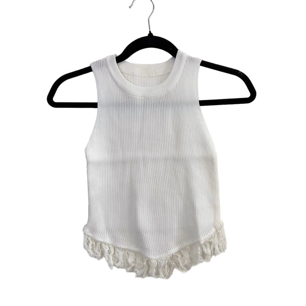 NWOT Womens Ribbed Fringe Crop Halter Sleeveless Top Shirt White Small